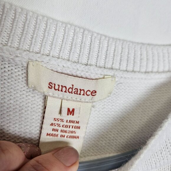 Sundance Medium White Linen Cotton Knit Sweater Crotchet Lace Hem Cottagecore M - Picture 5 of 8